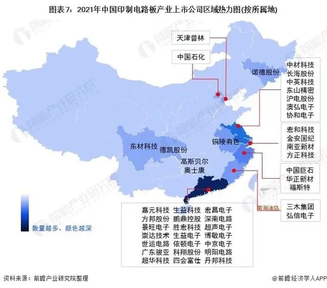 图表7 2021年中国印制电路板产业上市公司区域热力图